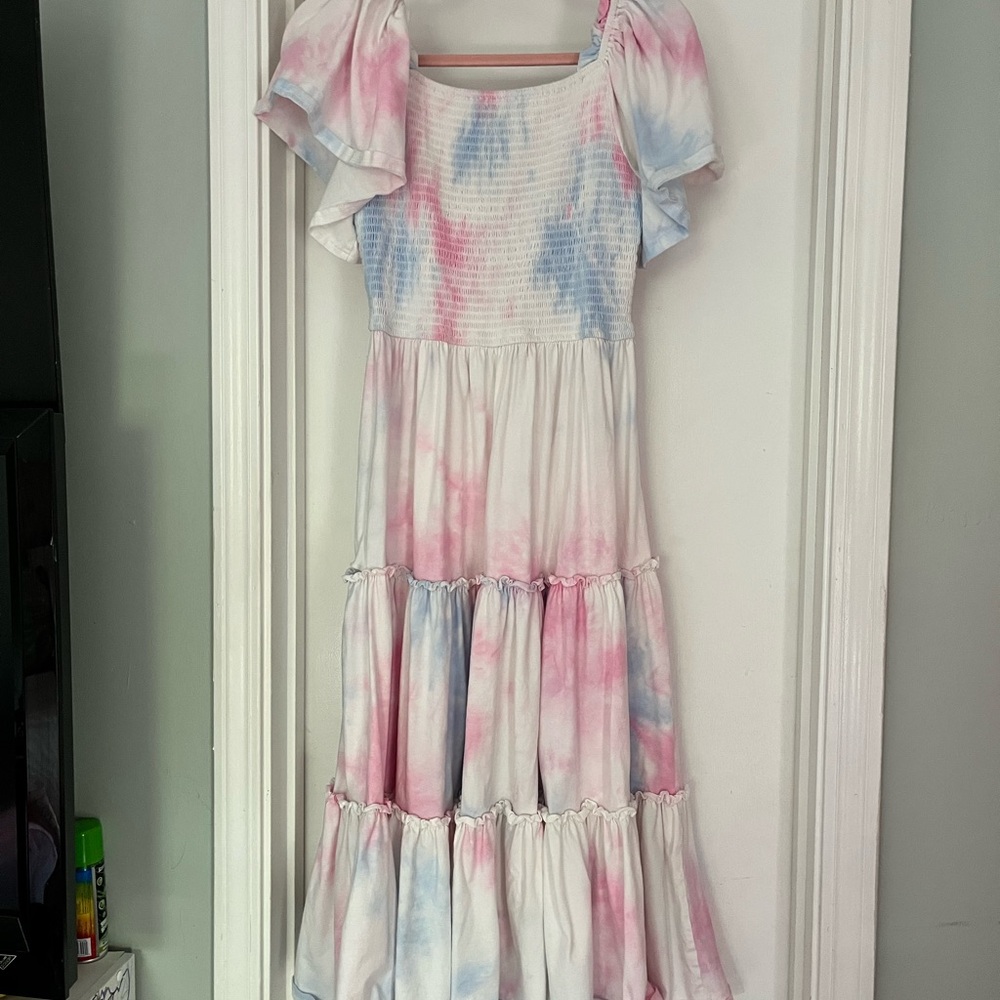 Ivy city Tie-Dye Ruffle Sleeve Maxi Dress - Pink & Blue (FLAWED)